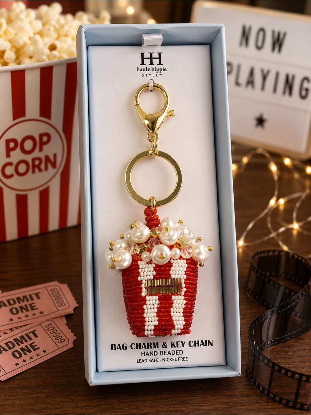 Haute Hippie Red & White Beaded Popcorn Bag Charm with Pearls